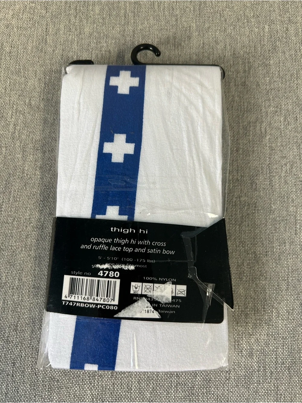 Music Legs White Thigh-High Socks with Blue Ribbon